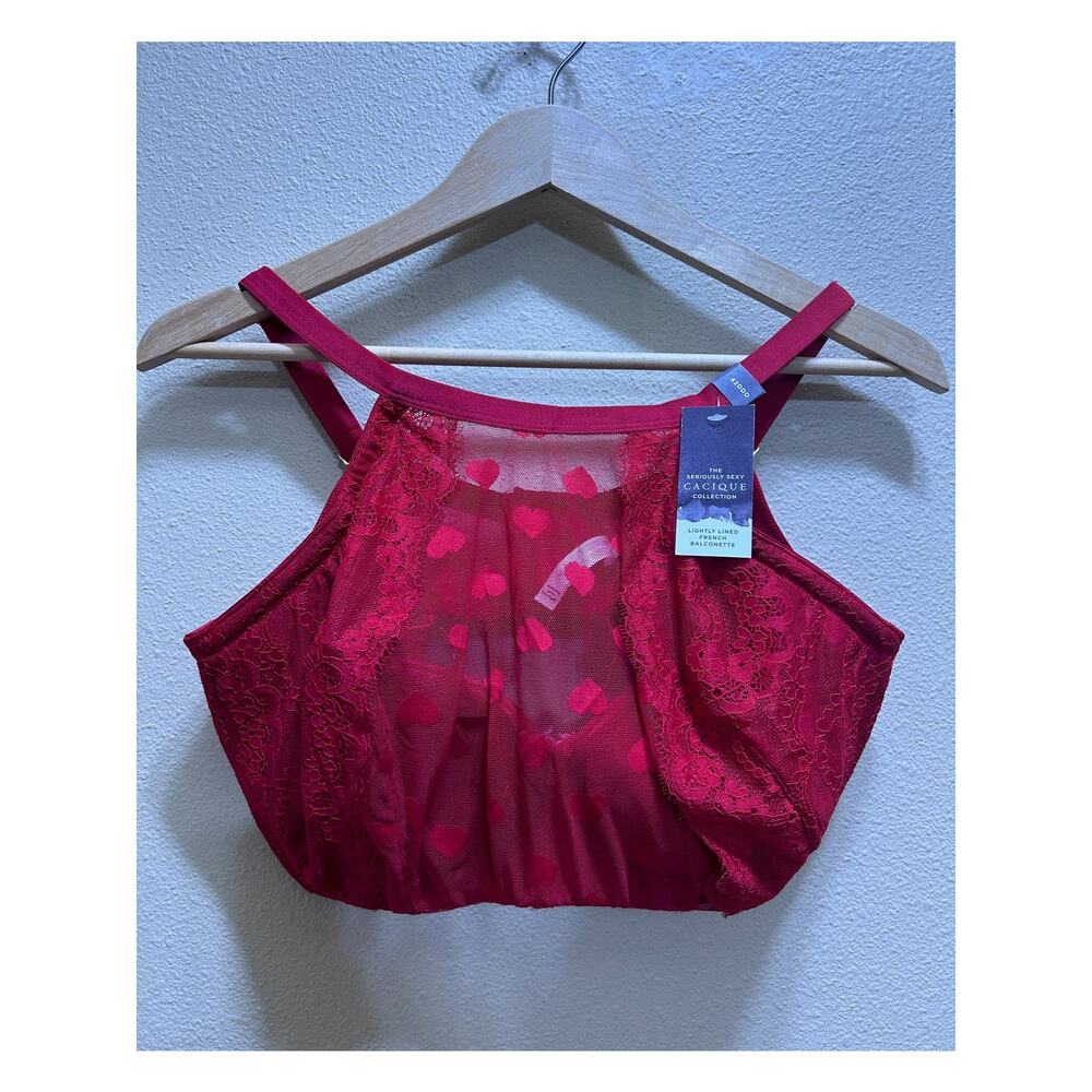 Cacique Lightly Lined French Balconette Bra Red Lace 42DDD Coquette Hearts NWT